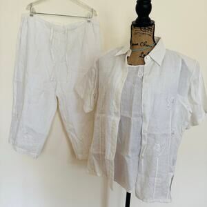 Cleopatra White Linen Embroidered Ivy Cropped Pants & Tank Top & Blause Size XL